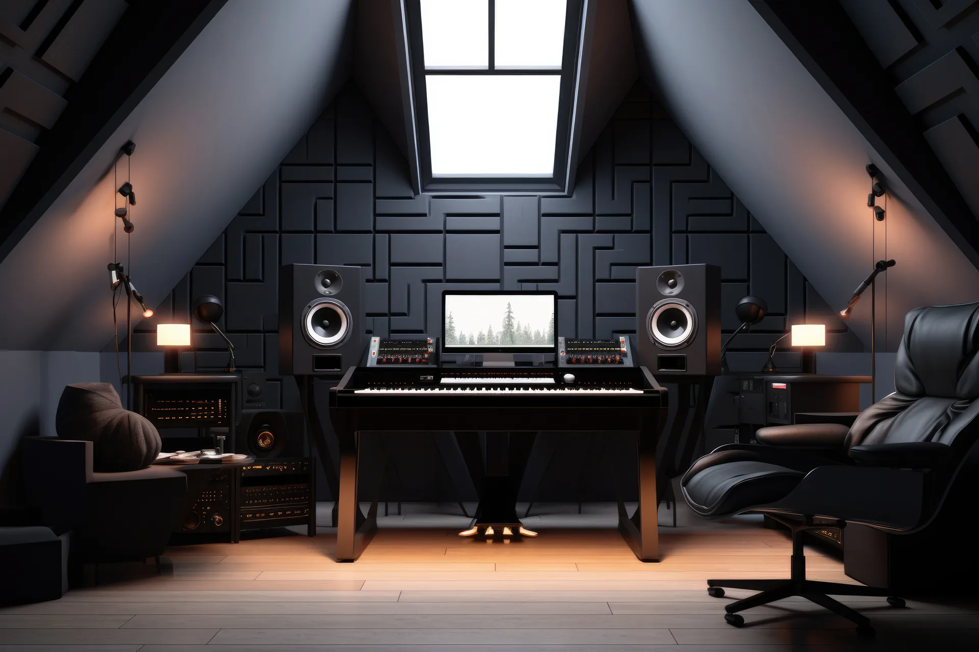 Visual illustrativo di una regia musicale con monitor e strumenti
